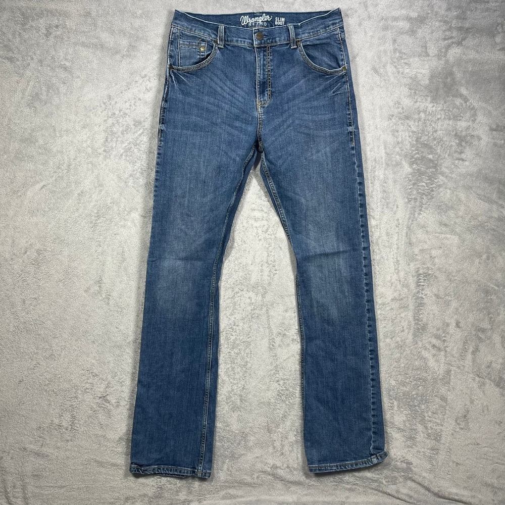 Wrangler Retro Slim Bootcut Jeans Mens 33(32)x34 Blue Stretch Denim